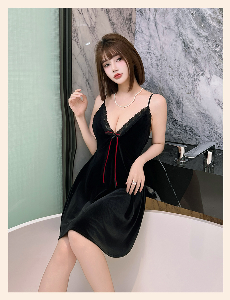 Retro velvet pearl chain backless nightgown for women, sexy deep V lace bow, multi-color home wear 987 pic 12