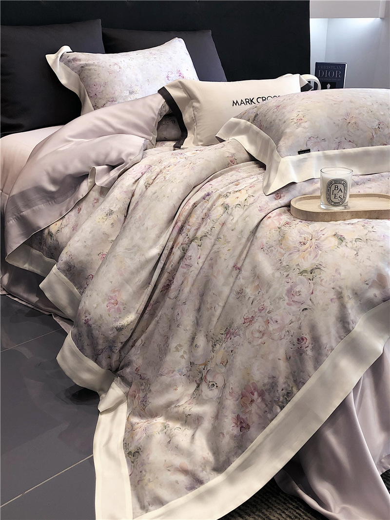 Cool ultra-fine denier Tencel summer light and cool condensation filament four-piece set, elegant printed sweat-absorbing nude bedding pic 33