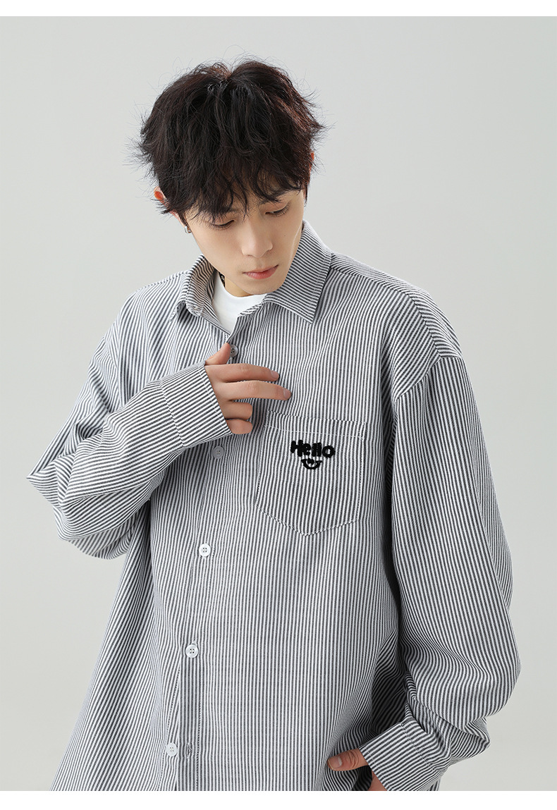 口袋立体刺绣长袖衬衫男春夏新款撞色竖条纹日系宽松情侣衬衣外套详情15