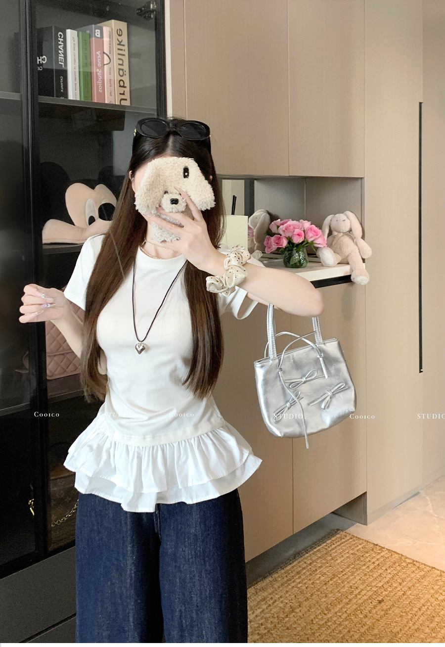 法式荷叶花边下摆拼接白色短袖t恤女夏季设计感修身正肩小衫上衣详情4