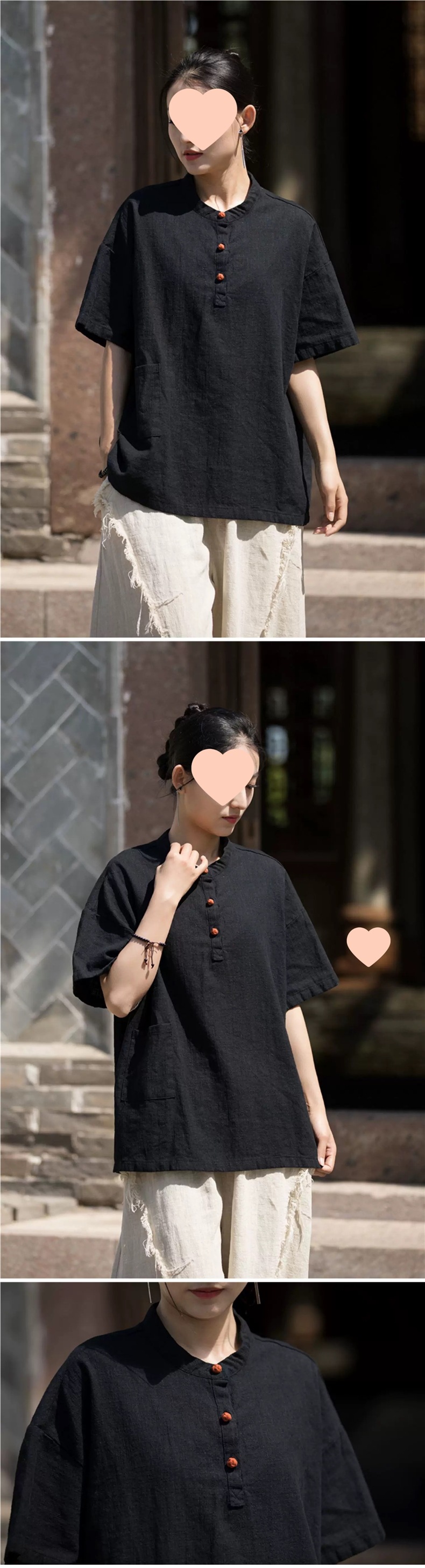 中国风立领盘扣棉麻短袖T恤女2025新款夏季宽松文艺禅意茶服上衣详情9