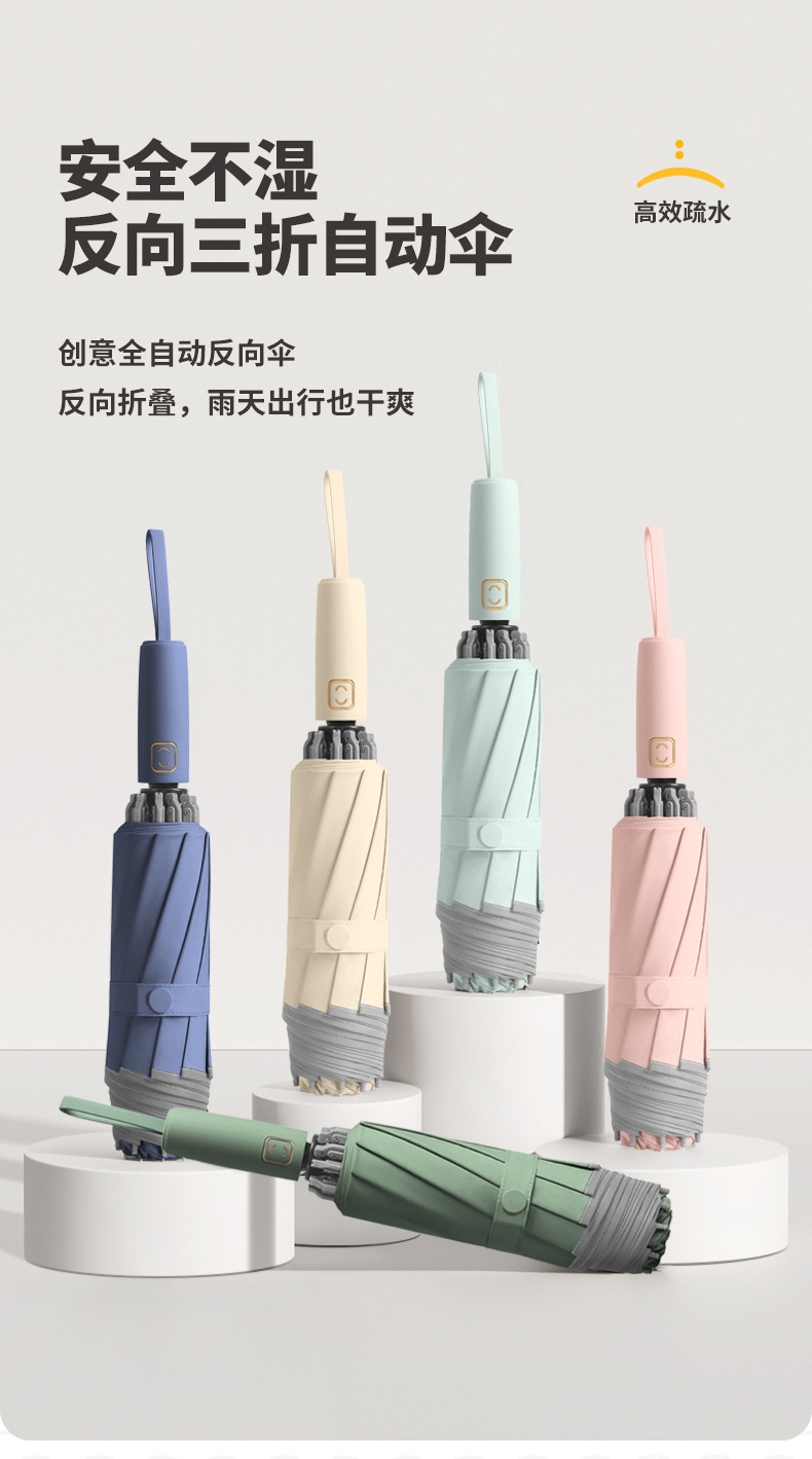 新款10骨三折自动反向雨伞配色手柄三折男士商务雨伞印logo详情11