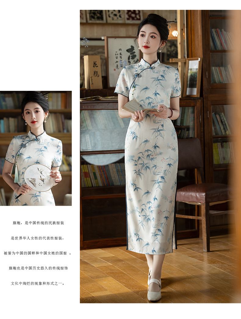 Fresh and elegant bamboo leaf long double-layer style slimming cheongsam short-sleeved new Chinese-style stand-up collar 2025 Summer new style pic 10