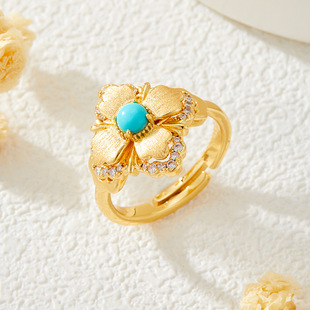 Light luxury retro geometric square brushed open ring, copper alloy real gold electroplated natural stone adjustable index finger ring pic 6