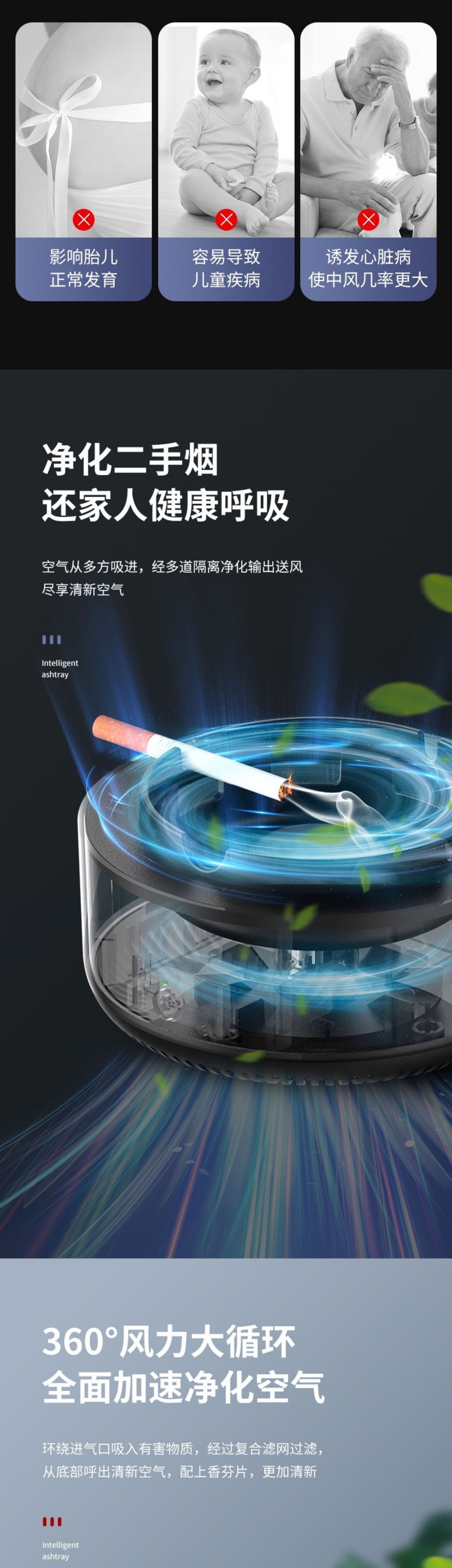 Smart ashtray self-suction household negative ion oxygen bar purifier multi-functional second-hand smoke and dust removal ashtray pic 13