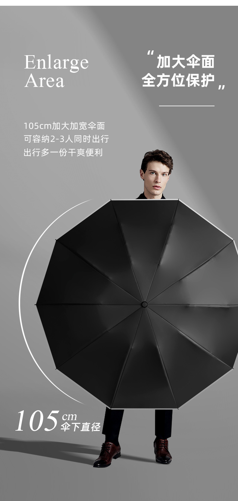 新款十骨双龙骨黑胶古铜拉丝反向伞配色手柄三折晴雨伞礼品伞印lo详情28