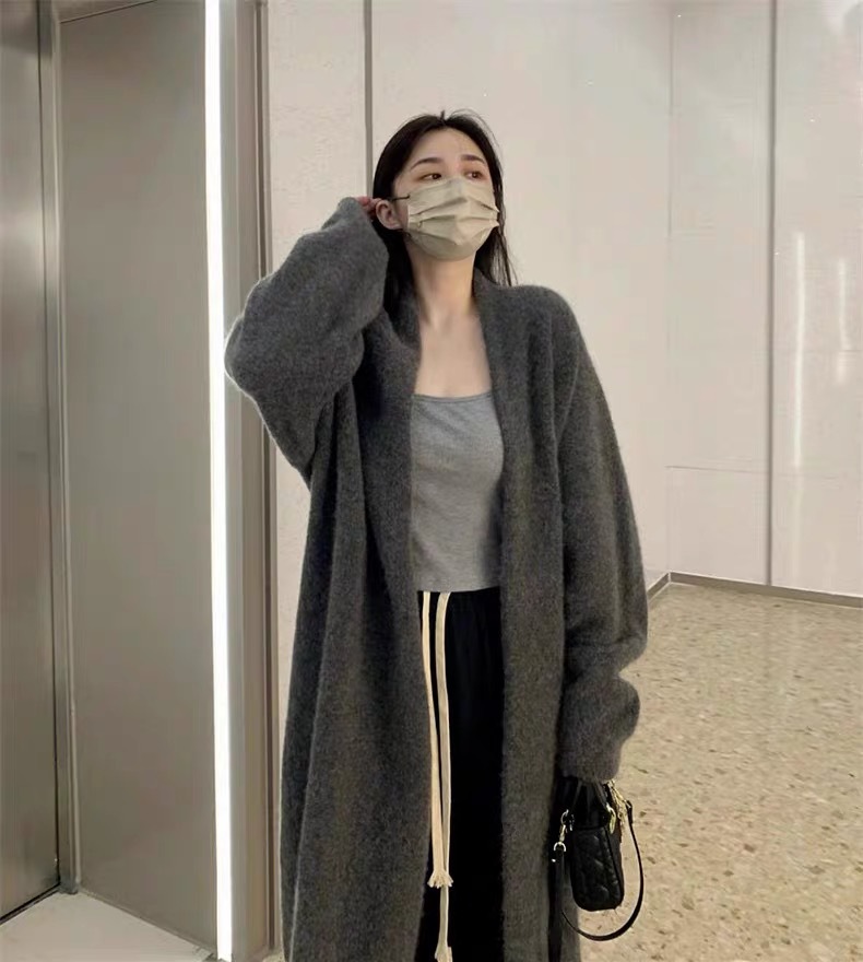 KANING灰色中长款过膝毛衣外套女2025春季慵懒风薄百搭针织衫开衫详情2