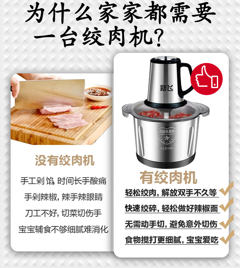 新飞绞肉机家用商用打肉馅不锈钢多功能电动料理器蒜蓉碎菜绞馅机详情6