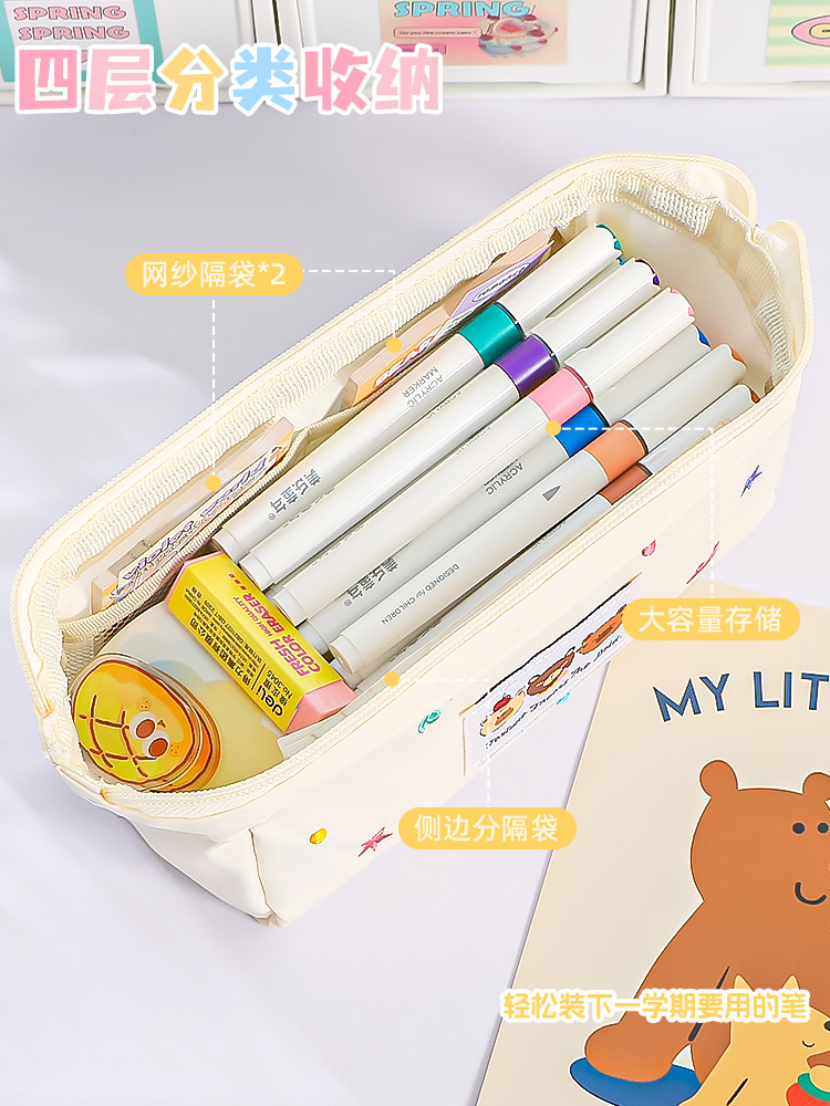 新款日系小众可爱ins三只熊刺绣笔袋大容量高颜值文具收纳袋详情4