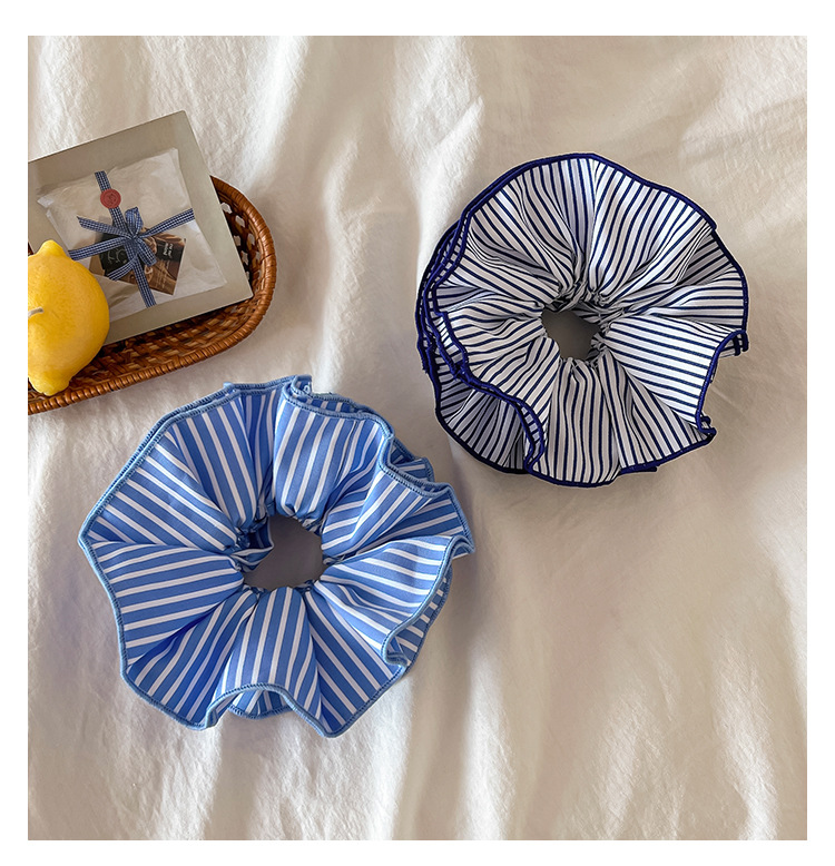 韩式蓝色条纹双层大肠发圈女时尚低马尾发绳学院风头绳皮筋头饰品详情9