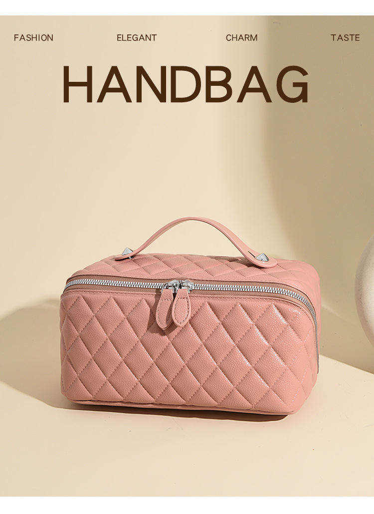 亚马逊跨境高品质pu化妆包菱格绗缝枕头包手提洗漱化妆品收纳包详情5