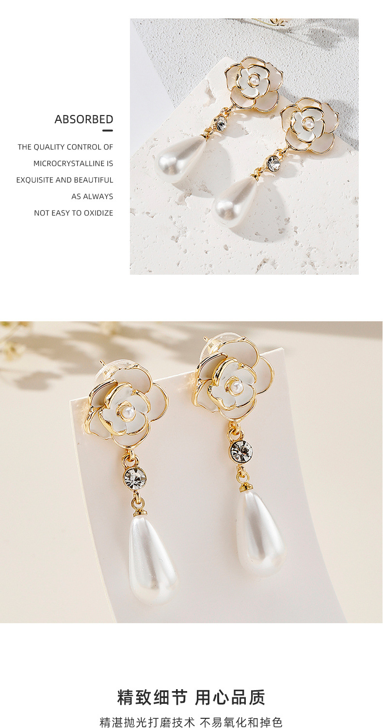 银针高级气质复古珍珠山茶花耳坠女时尚冷淡风欧美长款轻奢耳饰详情4
