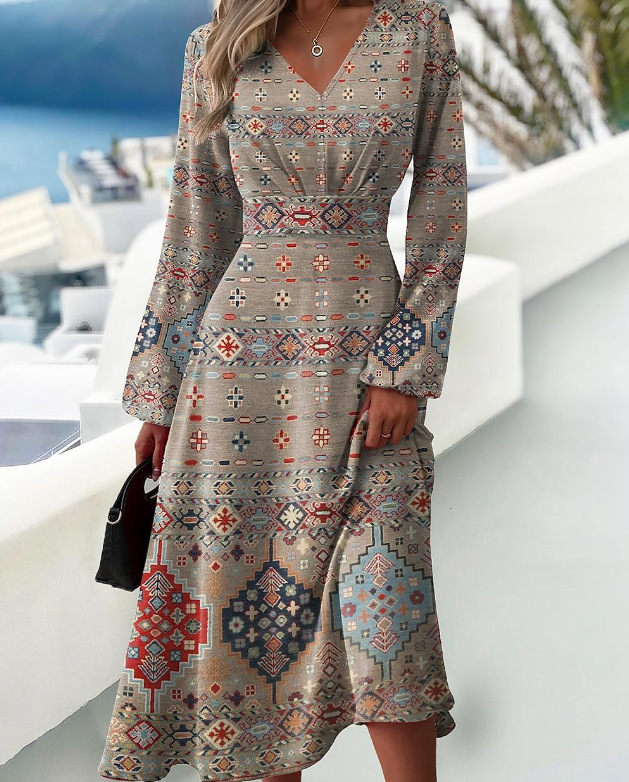 欧美亚马逊跨境2025春秋新款修身时尚印花连衣裙v领长袖连衣裙女详情6