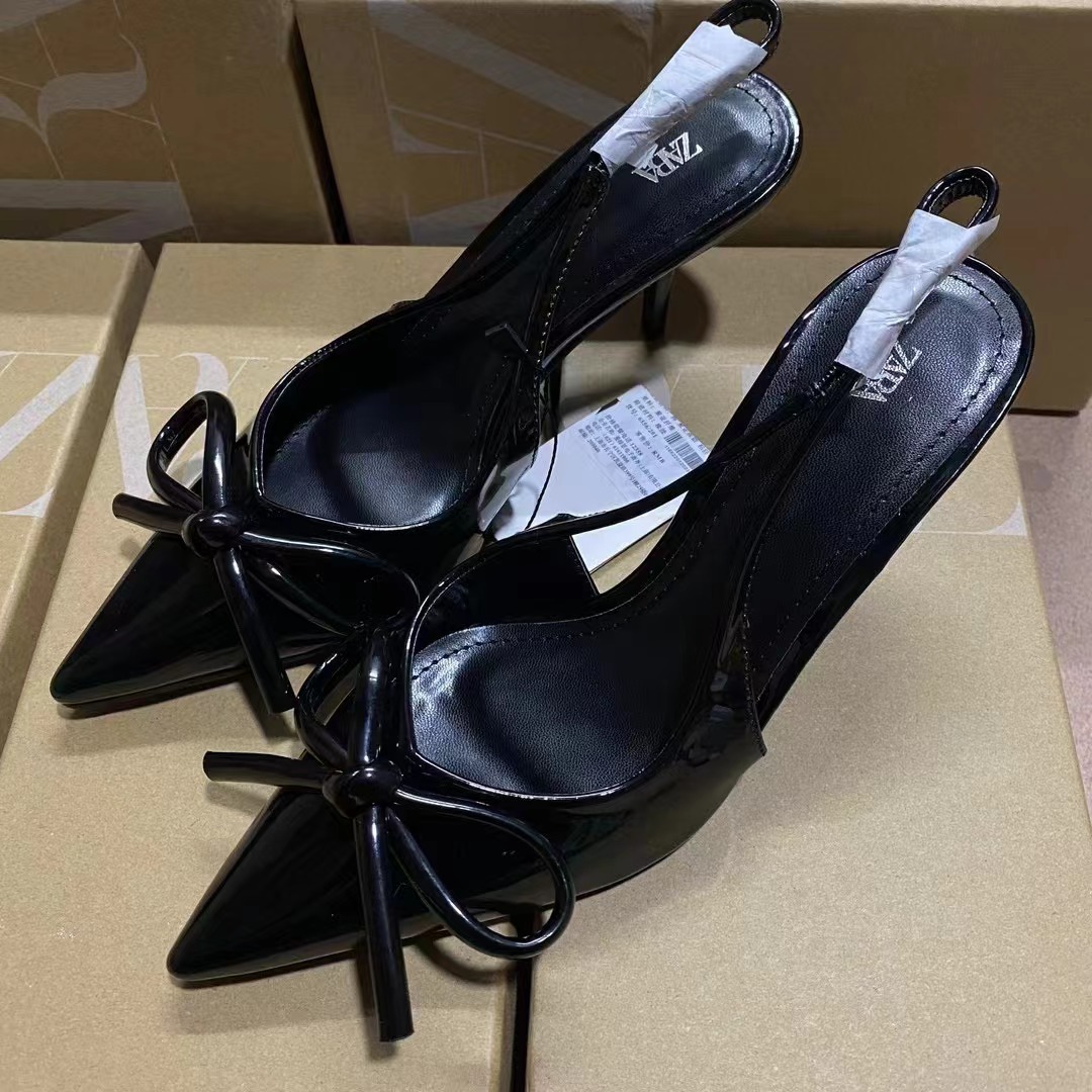 ZA2024新品上新黑色漆皮蝴蝶结女鞋时尚尖头细跟后绊带凉高跟鞋女详情4