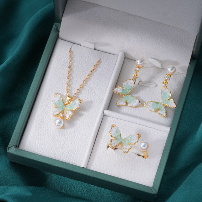 Pearl ring, earneedle pendant, three-piece set, empty stand, four-petal flower, white butterfly shell design, high-end DIY light luxury earrings pic 25