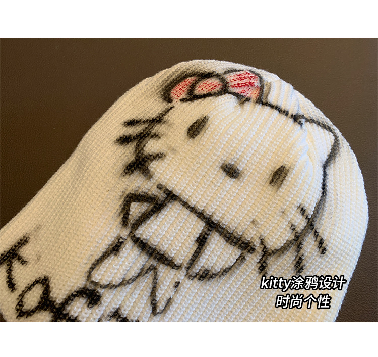 American hot girl kitty cat graffiti cold hat for women, warm knitted woolen hat for autumn and winter, face-showing small headscarf hat pic 3