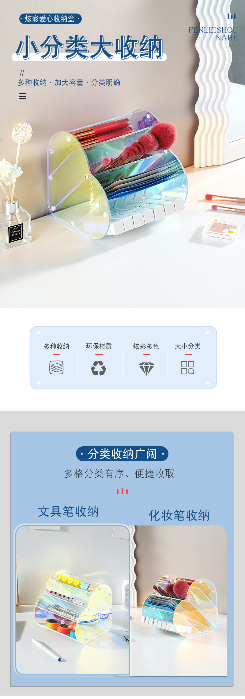 跨境商超市场热销 彩虹心形化妆品展示盒 炫彩化妆品三层收纳盒详情1
