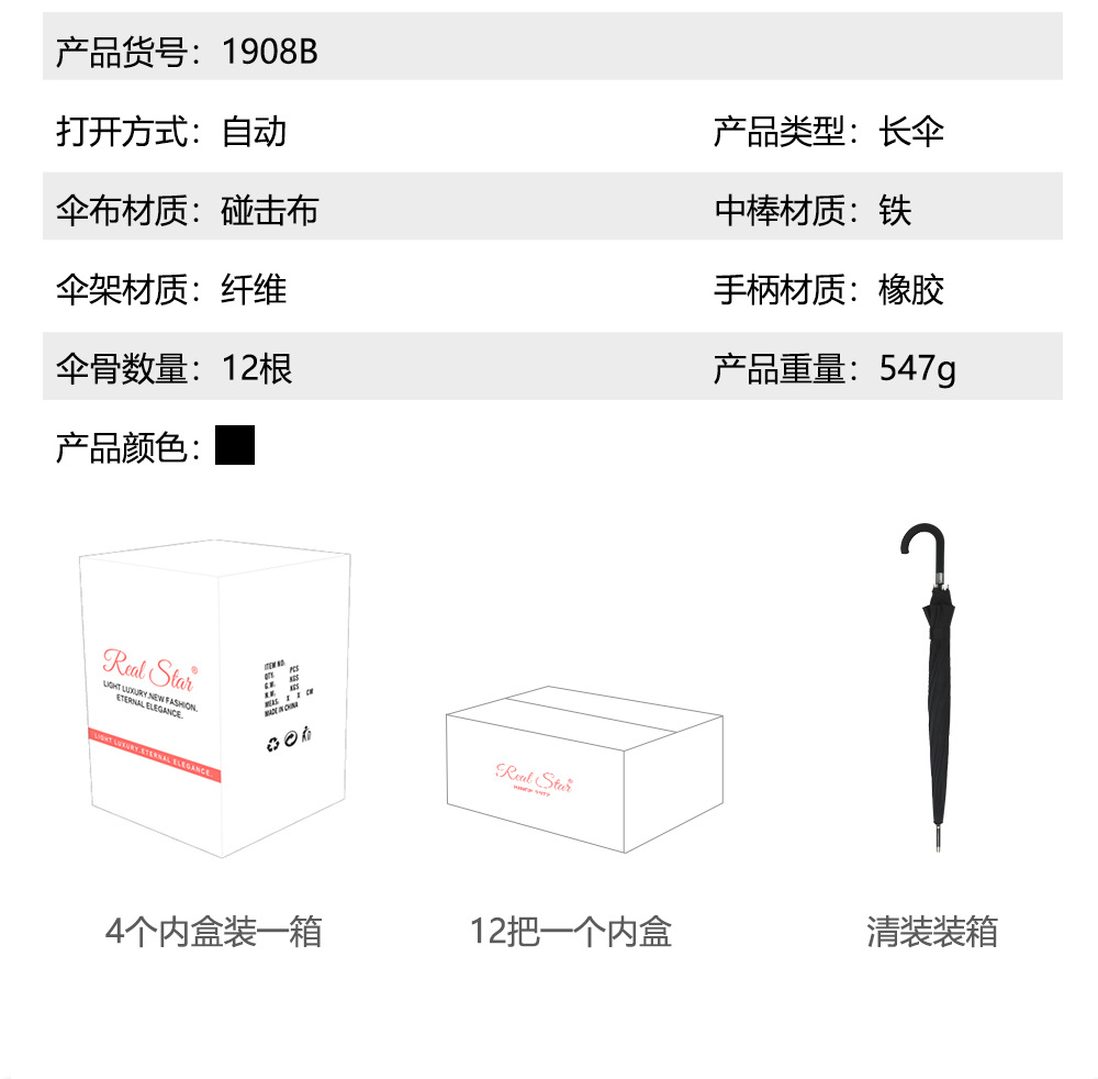 65cm25寸12骨黑色商务伞现货广告印刷logo晴雨伞批发大伞面纤维骨详情6