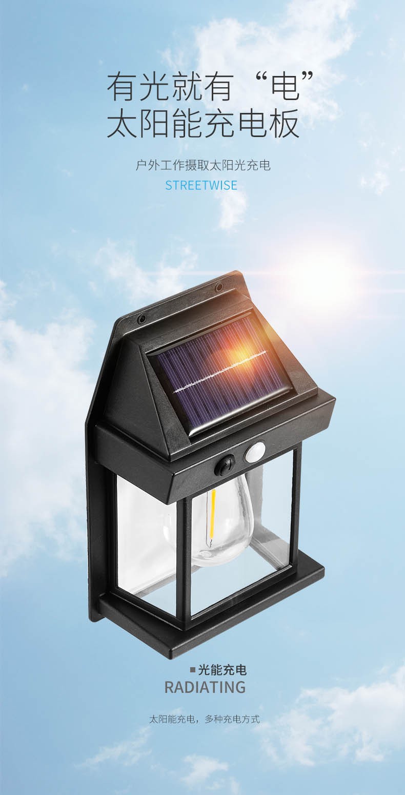 太阳能室外壁灯人体感应三模式钨丝壁灯花园别墅防水小夜灯照明详情4