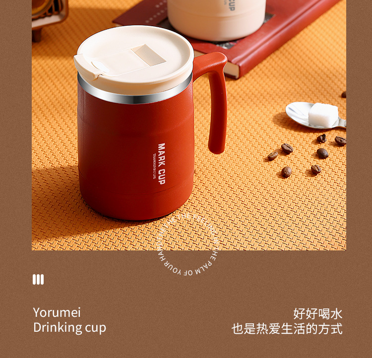 304 stainless steel mugs, portable coffee cups, thermos flasks, household red breakfast cups with spoon LIDS, office water cups pic 5