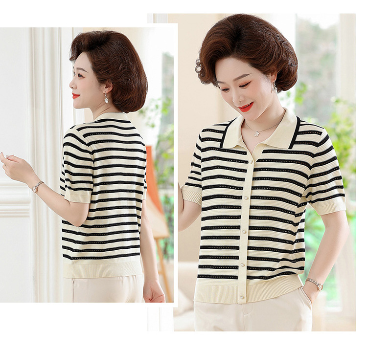 2024新款妈妈夏装短袖T恤中老年女冰丝条纹上衣洋气薄款小衫套装详情9