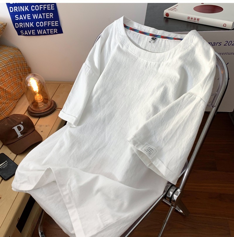 Linen short-sleeved T-shirt for men, a new summer trend. Cotton and linen half-sleeved loose solid color base layer, a trendy T-shirt top pic 6