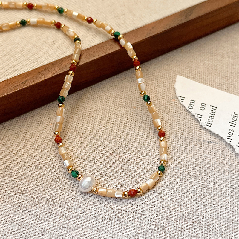 钛钢天然石贝壳淡水珍珠项链女气质轻奢时尚颈链孔雀玛瑙锁骨链详情9