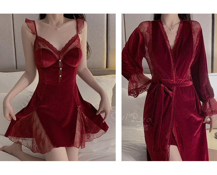 A seductive lace see-through deep V with a chest cushion, a sweet sleeping dress, an outer robe and velvet home wear set 3908 pic 26