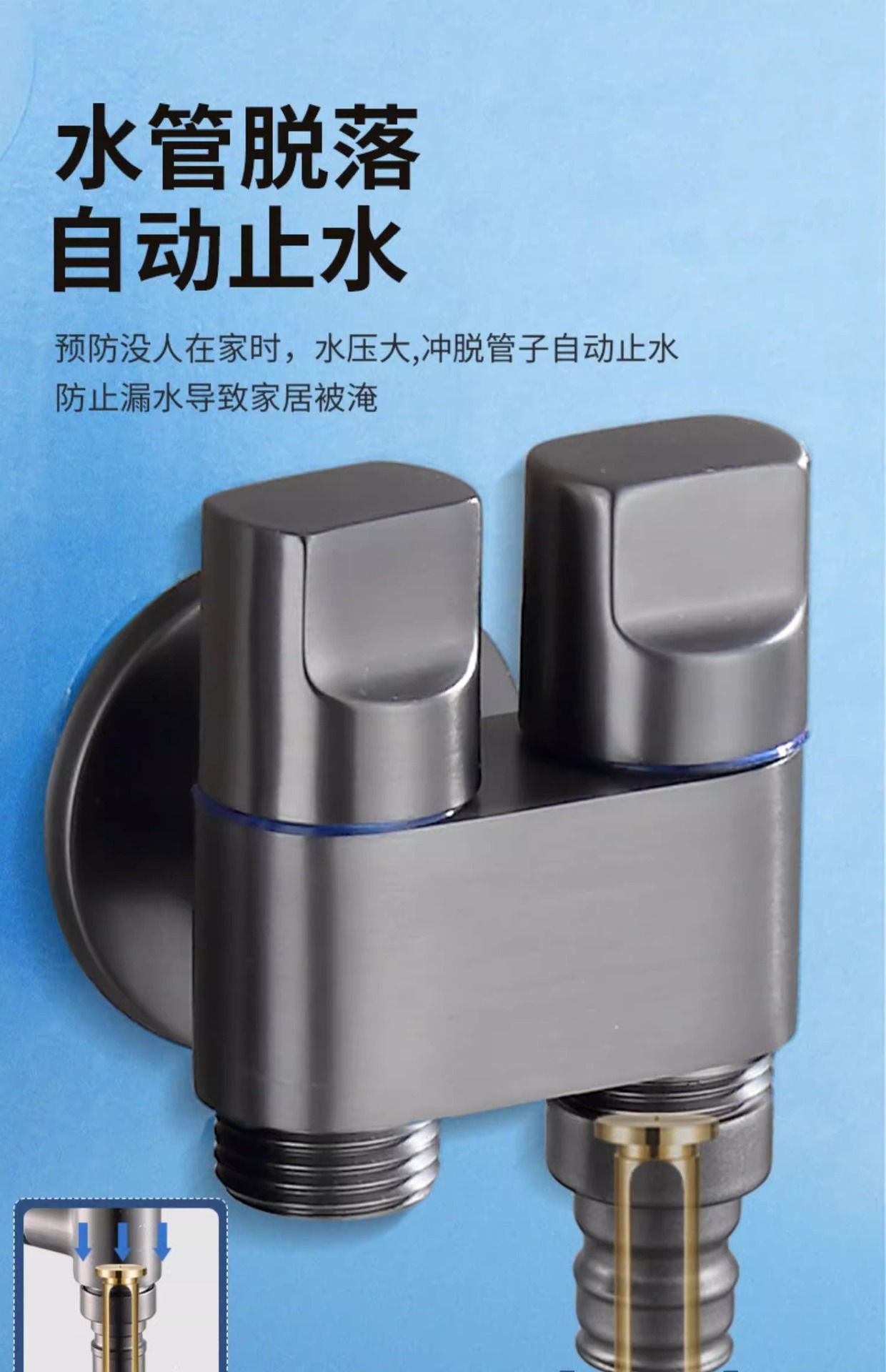 All-copper Angle valve, one inlet and two outlets, washing machine faucet, one split and two automatic water stop, double water outlet, double control, double opening pic 8