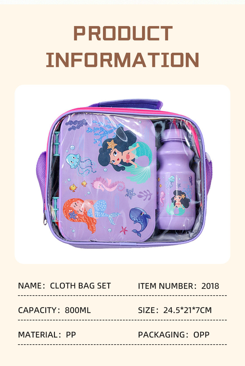 跨境热卖儿童可爱手提水杯饭盒套装厂家学生卡通分格便当盒餐包详情6