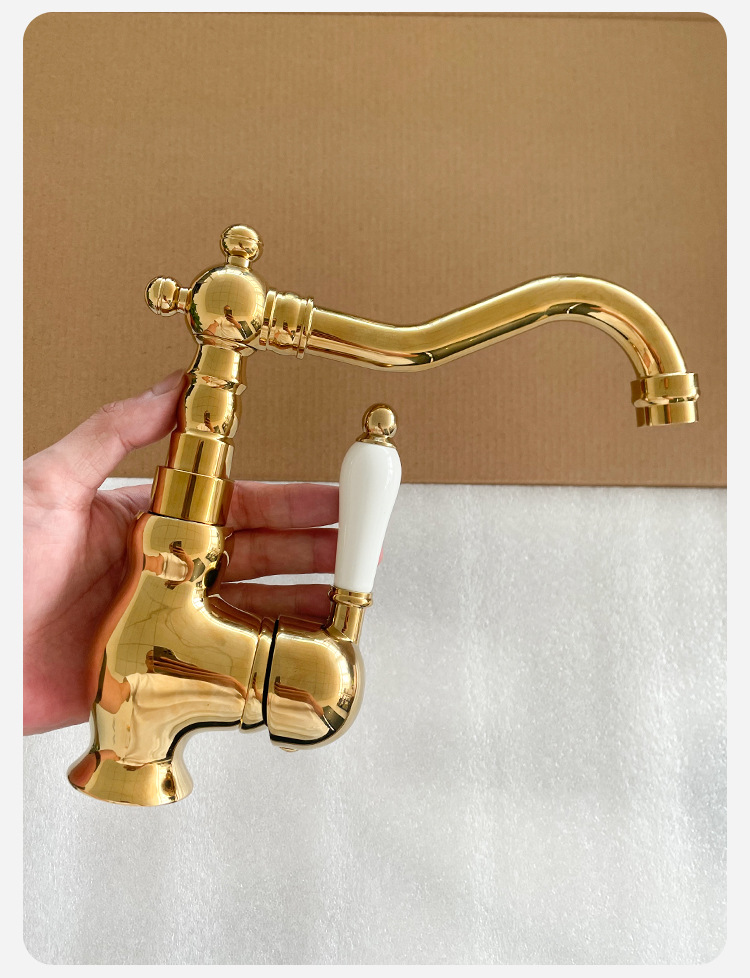法式黄铜复古水龙头厨房家用浴室柜洗漱台面盆冷热防溅水龙头金色详情14