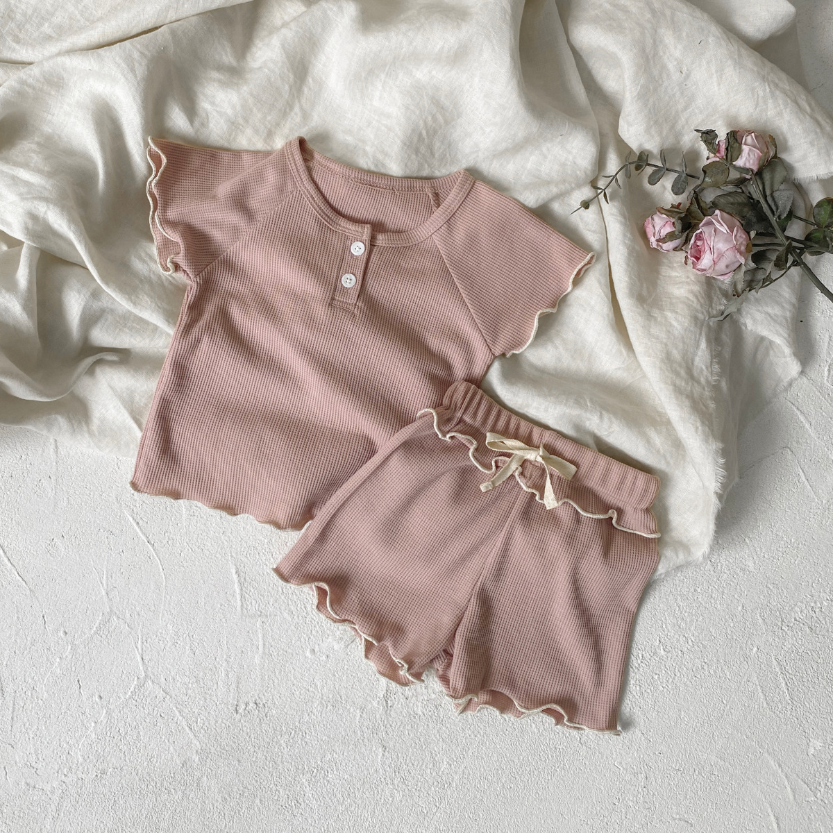 New summer baby Waffle wavy fringed short-sleeved T-shirt + shorts two-piece set for girls pic 29