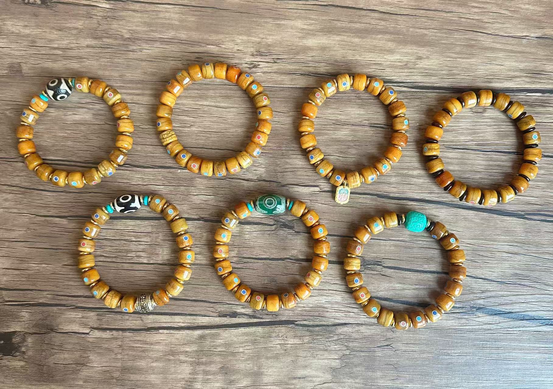 Authentic Tibetan yak bone bracelet for men, inlaid with gemstones and old pearl accessories, ethnic style Tibetan-style bone bracelet collectible pic 19