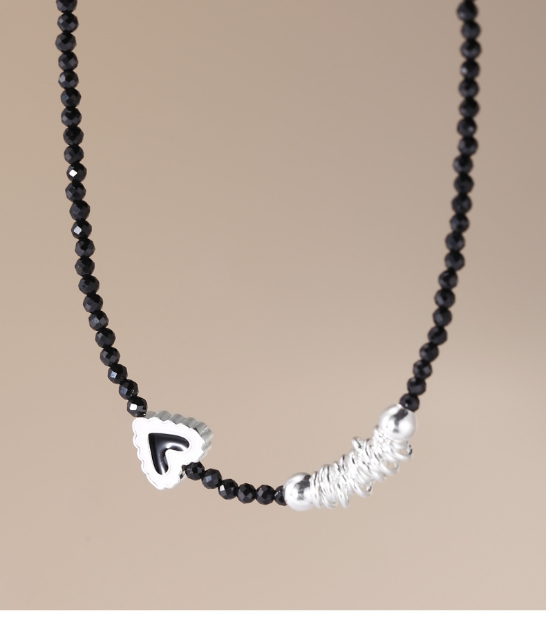 925纯银不规则黑色晶石项链女简约手工穿制爱心滴油锁骨链N1038详情3