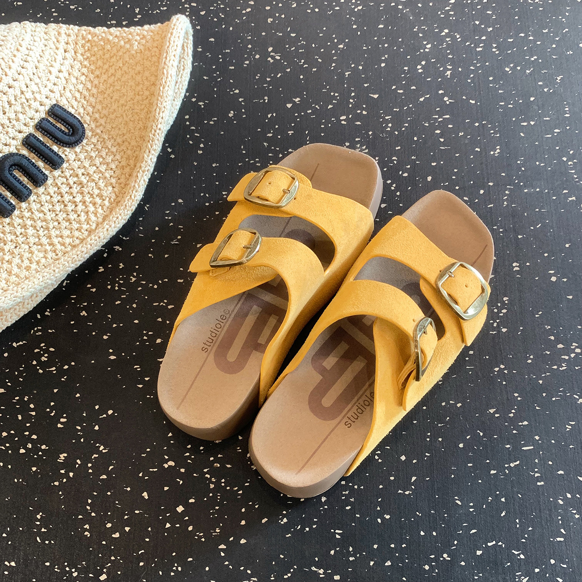 葡萄妈同款~ 真皮牛纹双扣带4.5cm厚底百搭懒人一脚蹬凉拖鞋女夏详情10