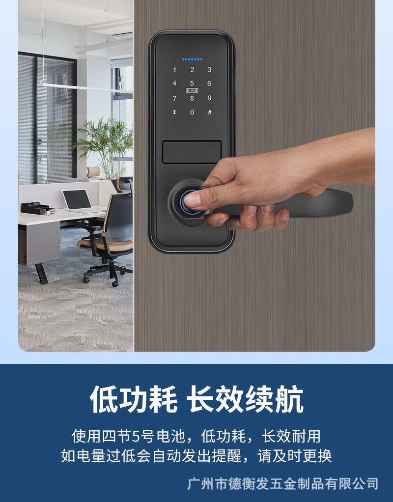 Black fingerprint smart lock with digital keyboard, circular sensing ring and door handle pic 14
