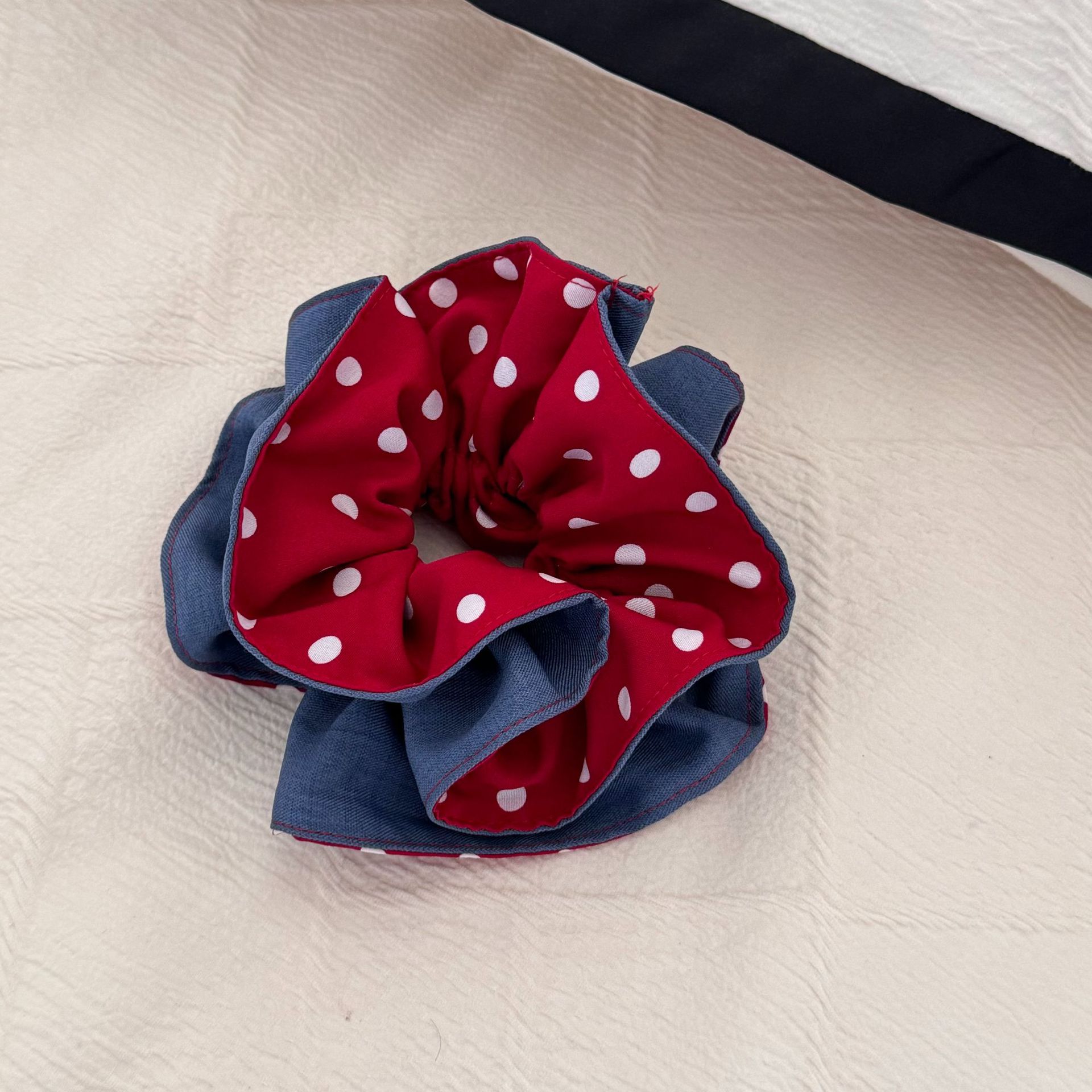 童话感红蓝撞色发圈牛仔蓝红拼色波点双面发饰甜美小众学院风发饰详情15