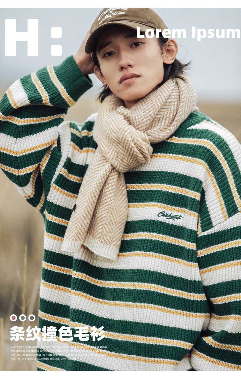 Retro color-blocking striped chunky knit sweater for both men and women, Japanese loose trendy round-neck knitted sweater jacket for autumn and winter pic 5