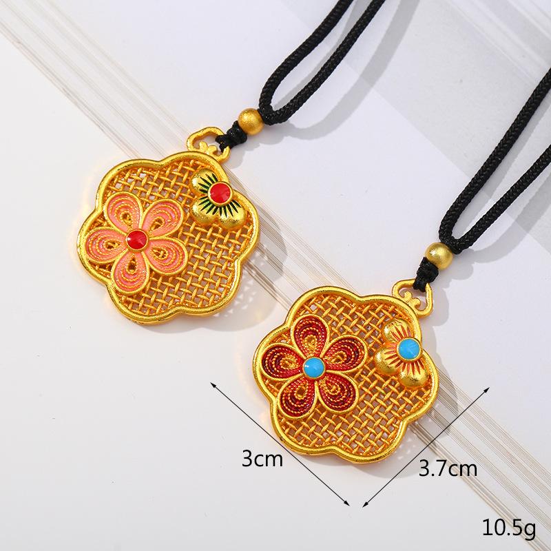 新中式沙金如意锁项链大朵莲花滴油镂空吊坠铜镀金首饰批发详情7