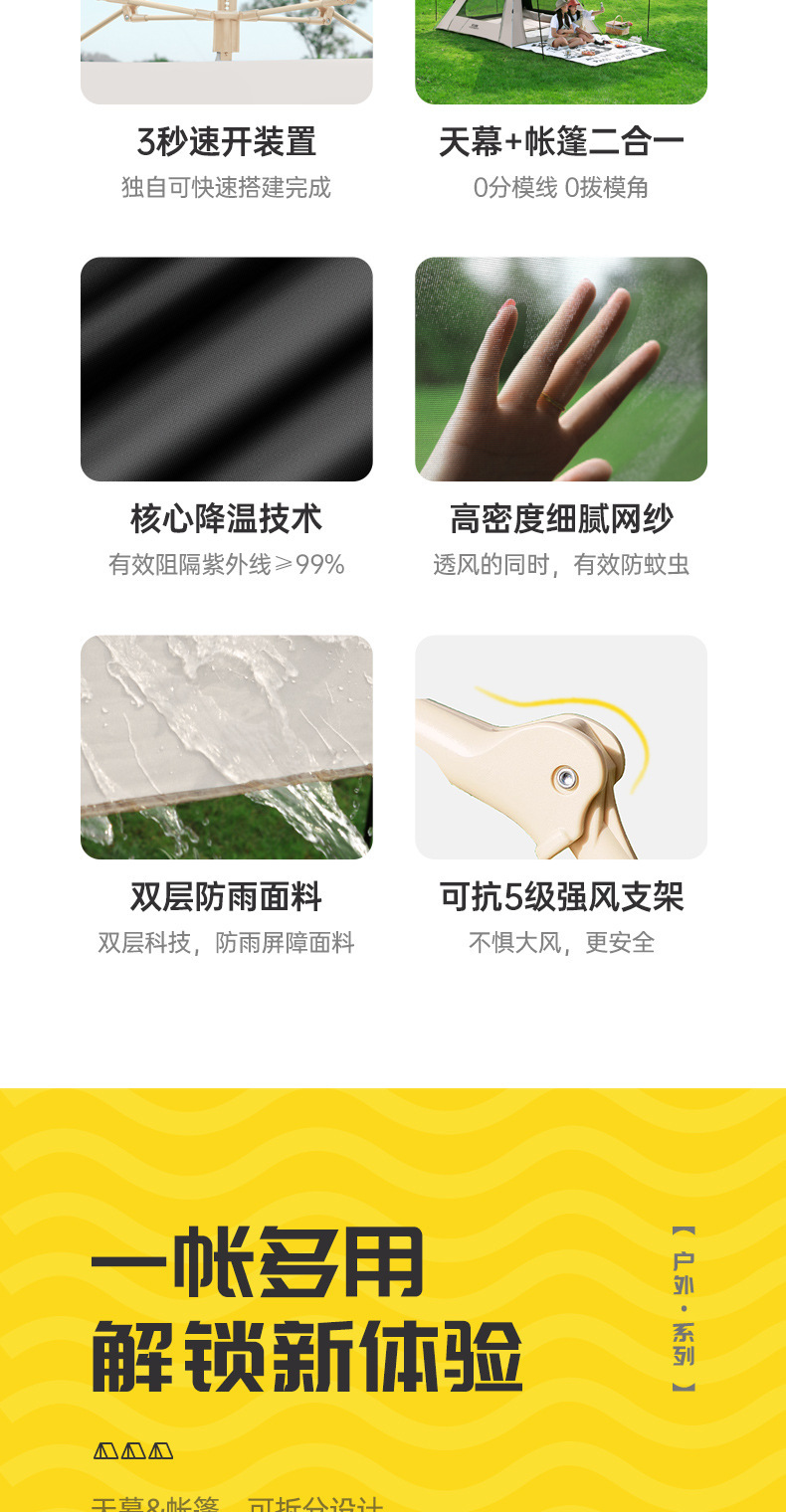 户外天幕帐篷露营3-4人全自动二合一便携式折叠加厚黑胶野营装备详情2