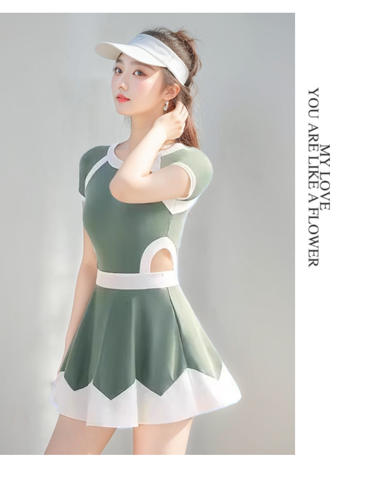 Green one-piece swimsuit models showcase long-sleeved, sexy backless sportswear for women. Summer sun protection fabric 107060 pic 7