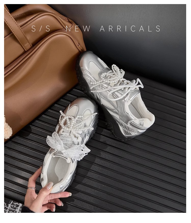 6CM内增高德训鞋女蕾丝珍珠夏新款银色厚底网面休闲运动鞋阿甘鞋详情13