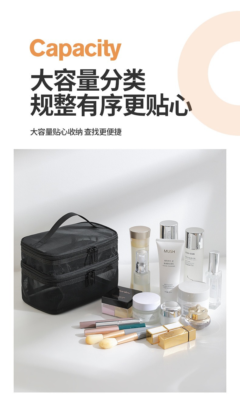 跨境热销尼龙单双层网纱化妆包旅行便携手提洗漱包大容量收纳包详情8