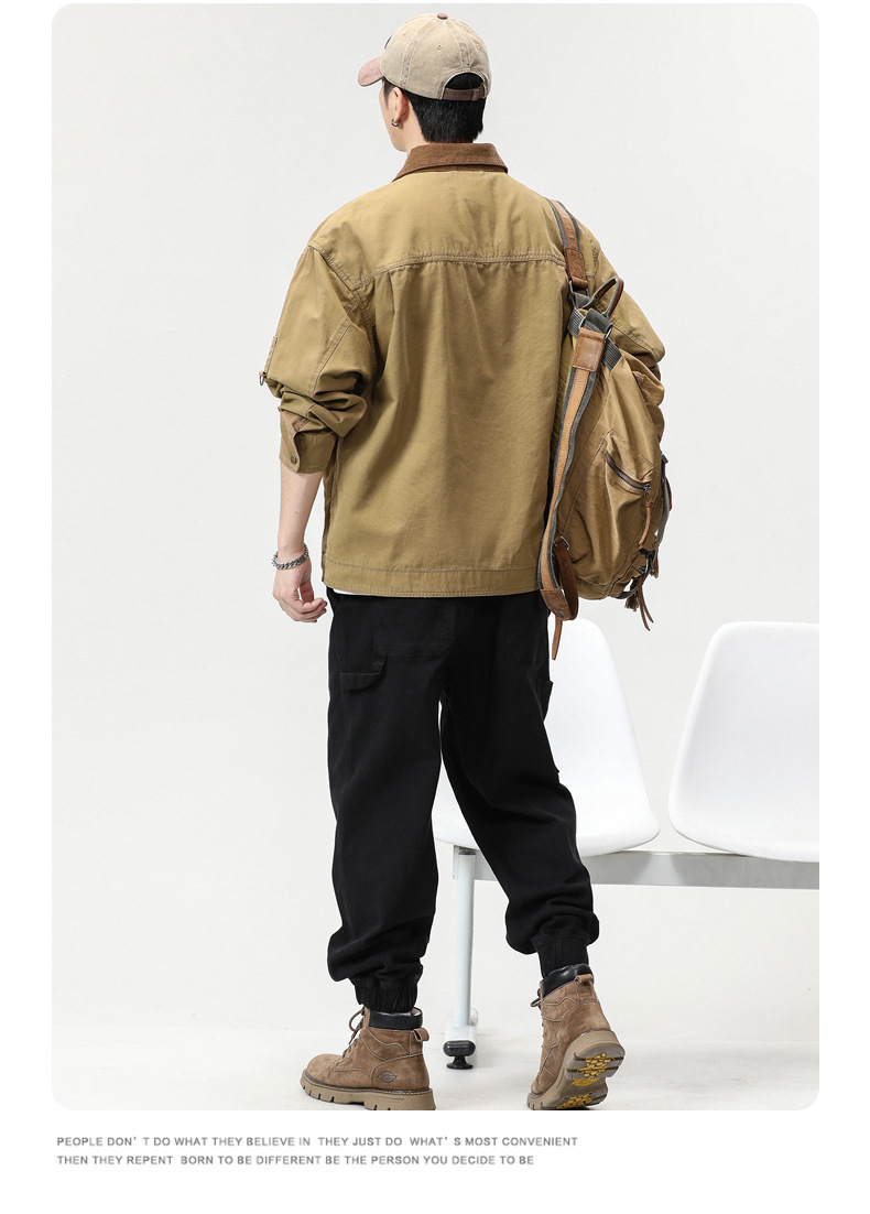沐丘男装∣潮牌山系户外翻领宽松工装夹克男高级感珠帆布美式外套详情10