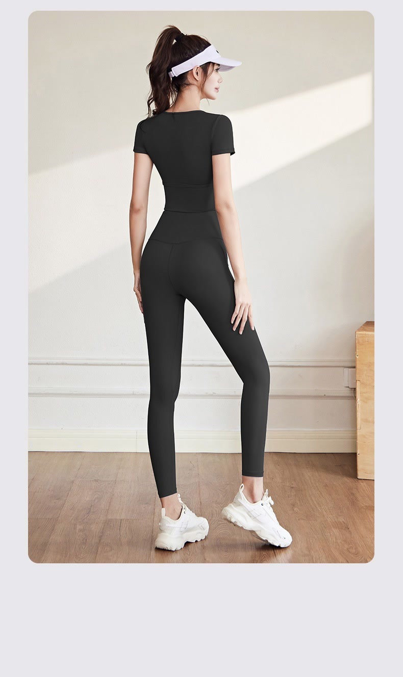 New off-the-shoulder short-sleeved and long pants yoga wear set for women, breathable and slimming, running and exercise one-piece fitness wear pic 24