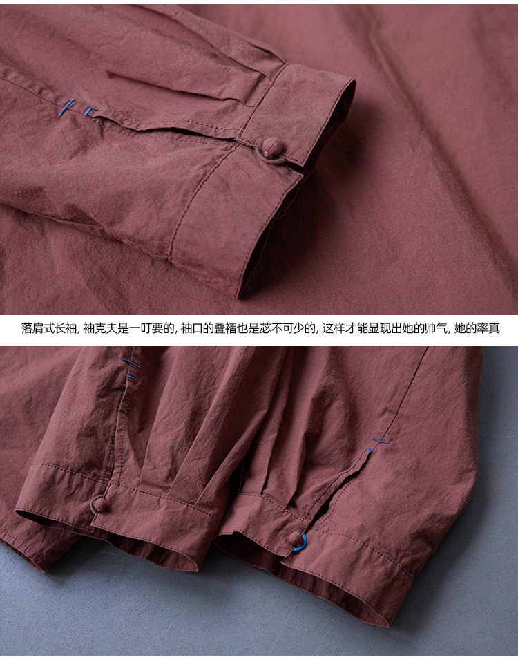 New autumn and winter style, artistic and retro original hazelnut red-brown cotton casual top, high-density, slightly elastic loose shirt for women pic 51