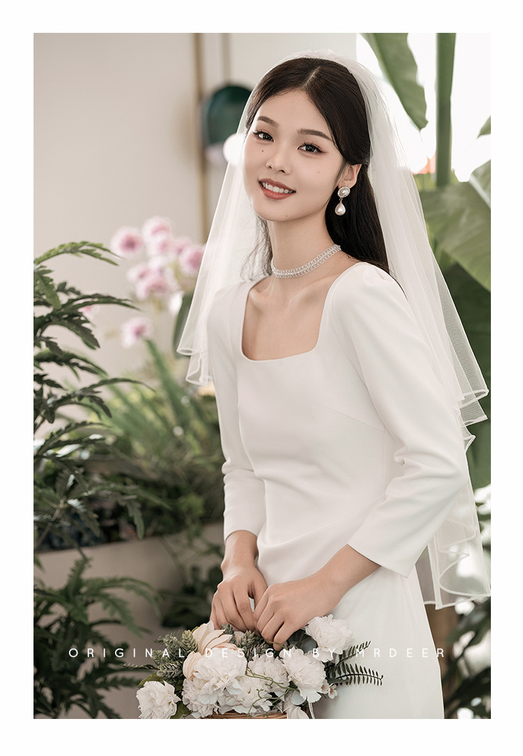 白色法式小礼服方领短袖修身微弹力长款领证订婚小晚礼服连衣裙详情31