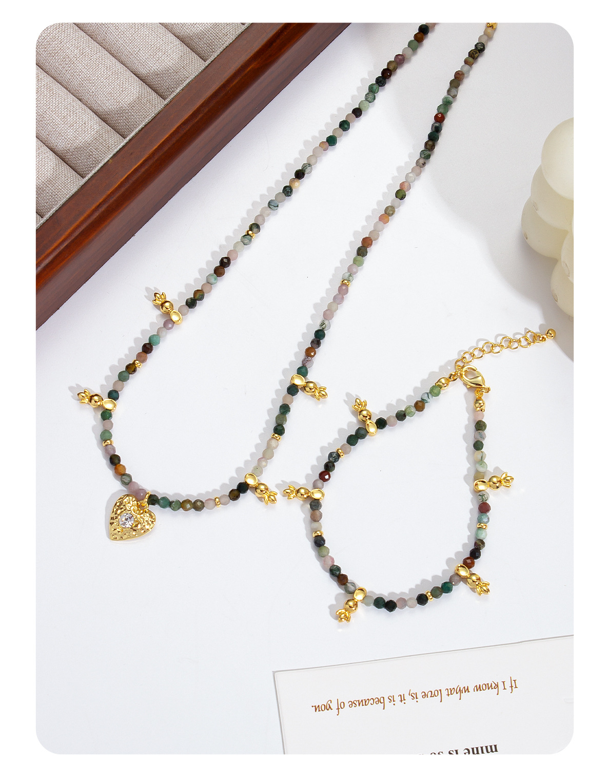 彩色碧玺串珠项链夏季女高级感爱心吊坠锁骨链复古百搭新中式项链详情9