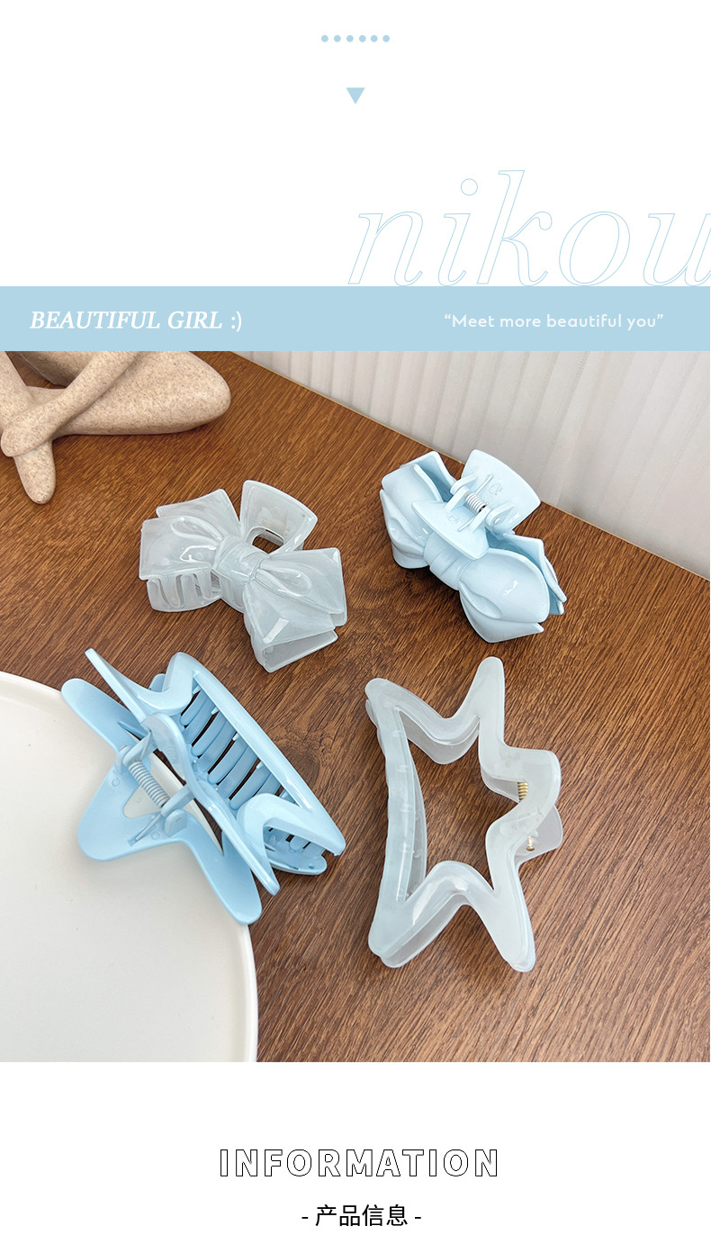 The ice-clear mint blue grab clip is super ethereal and sweet for a girl. The bow, five-pointed star shark clip, and cream blue hair accessory for a girl pic 2