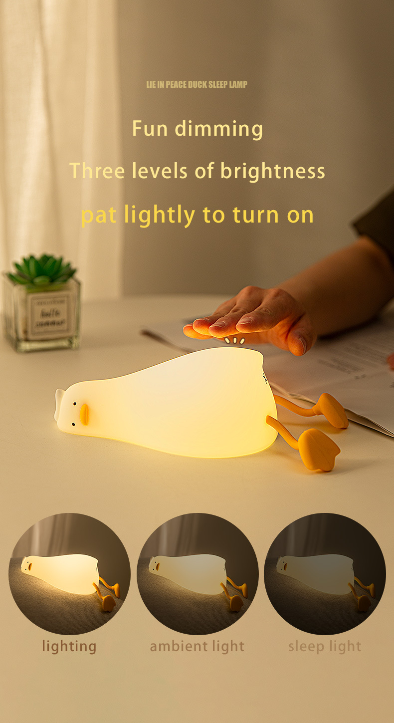 Lying flat Duck night light, patting light, silicone LED, turning duck, charging, bedside companion, mobile phone stand, night light creativity pic 4